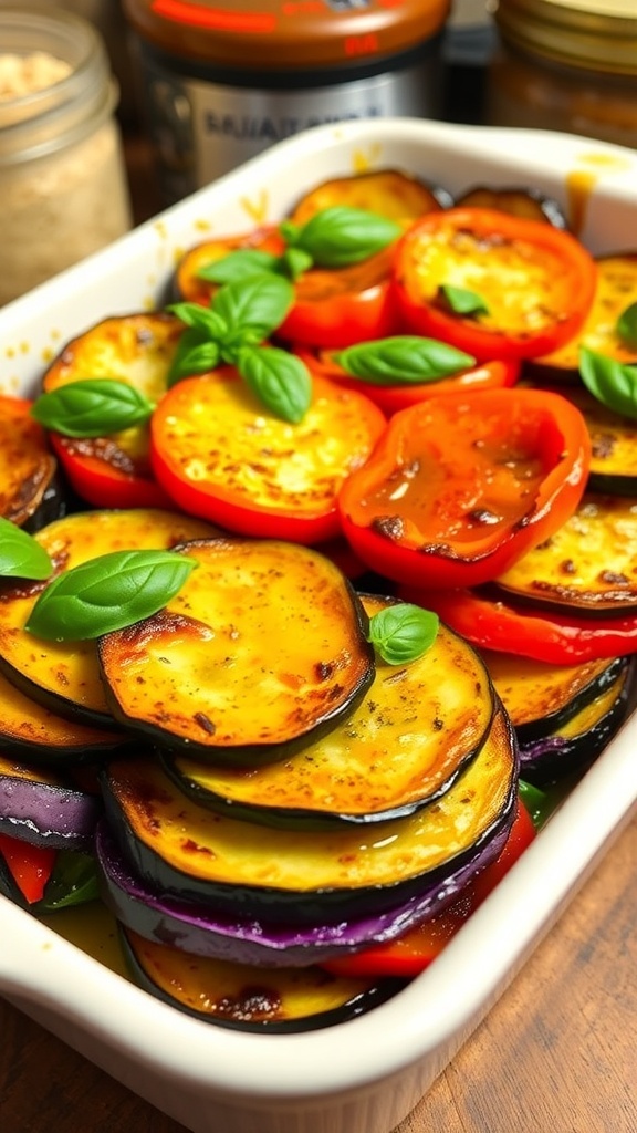 A colorful baked ratatouille with layers of zucchini, eggplant, and bell peppers, garnished with basil.